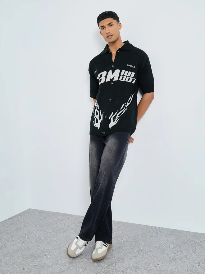 ستايلي Men Black Knit Graphic Print Shirt